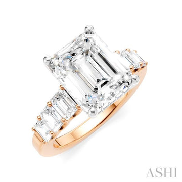 1 1/4 Ctw Emerald Shape Emerald and Round Cut Diamond Semi-Mount Engagement Ring in 14K Rose and White Gold